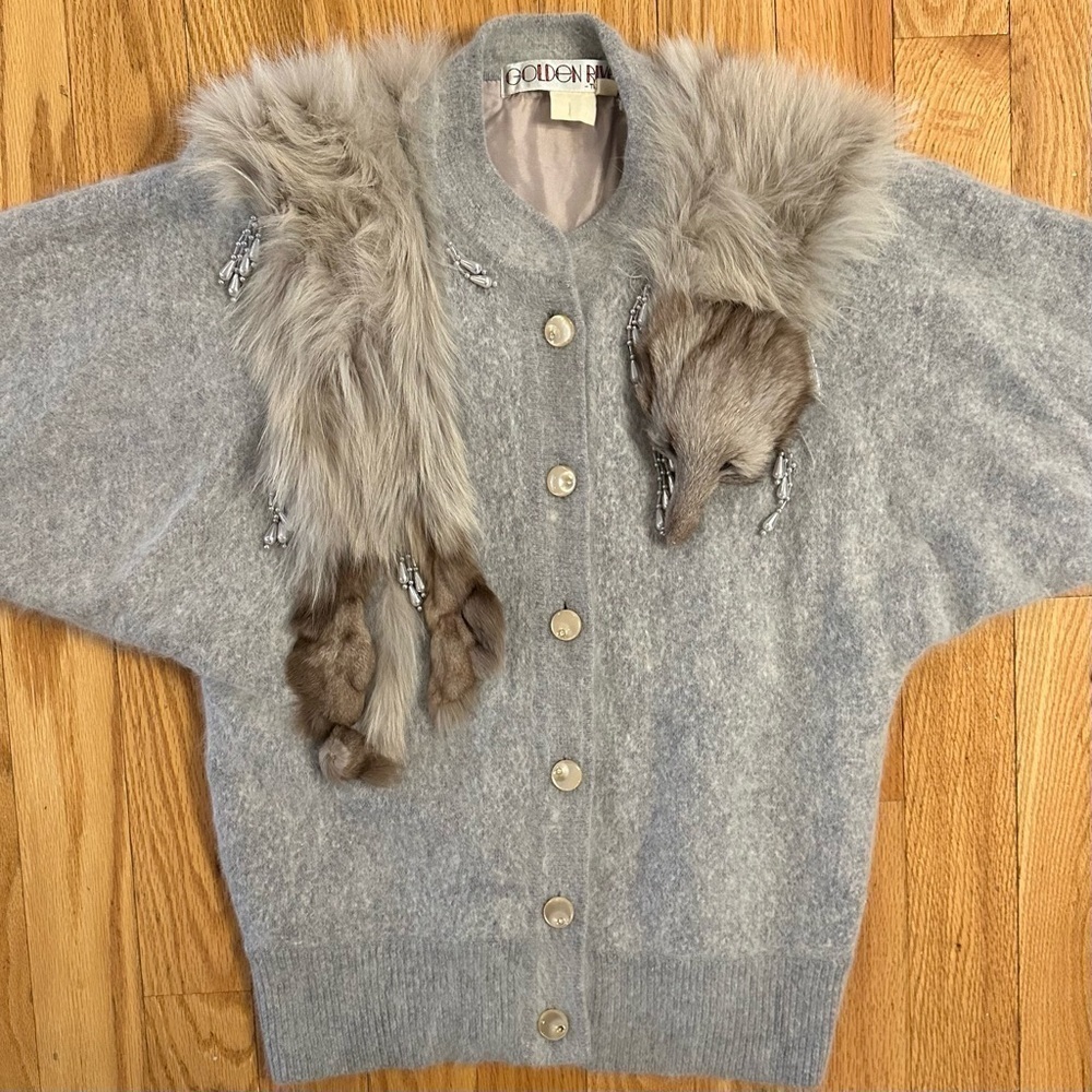 Vintage GOLDEN RIVER Tae Ya Gray Taupe Real Fur Fancy Luxury Cardigan Sweater M